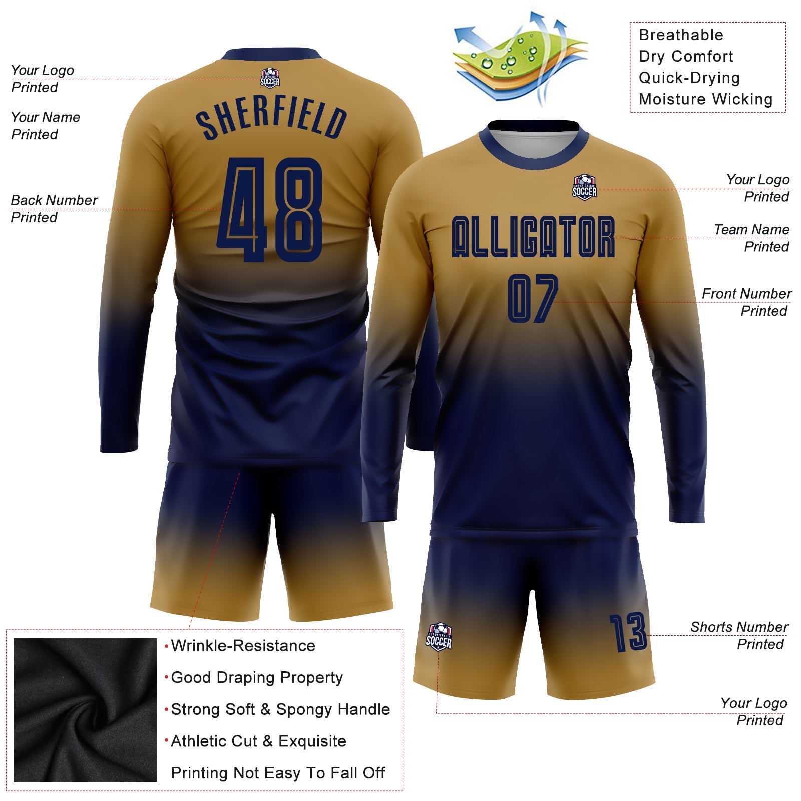 Custom Old Gold Navy Sublimation Long Sleeve Fade Fashion Soccer Uniform Jersey - Sky-Custom