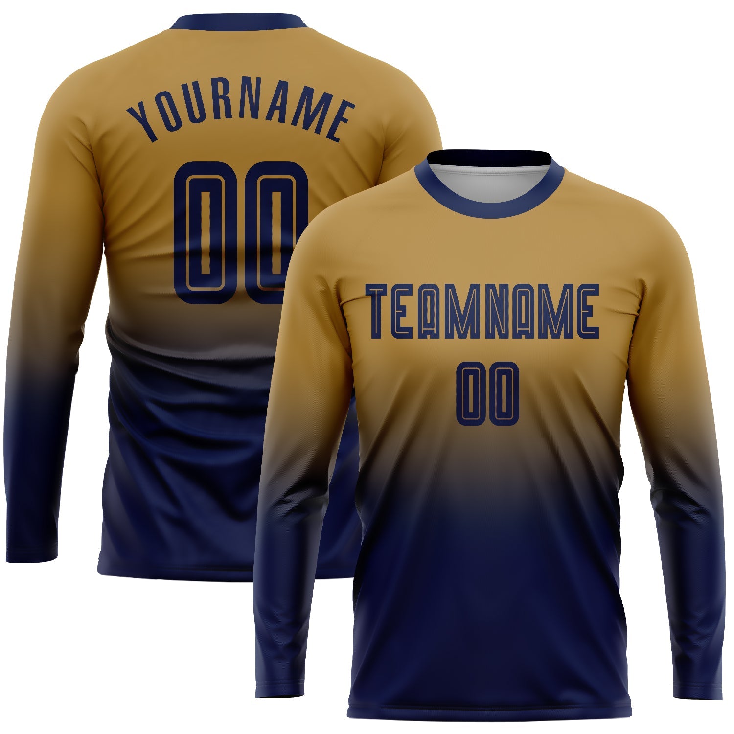 Custom Old Gold Navy Sublimation Long Sleeve Fade Fashion Soccer Uniform Jersey - Sky-Custom