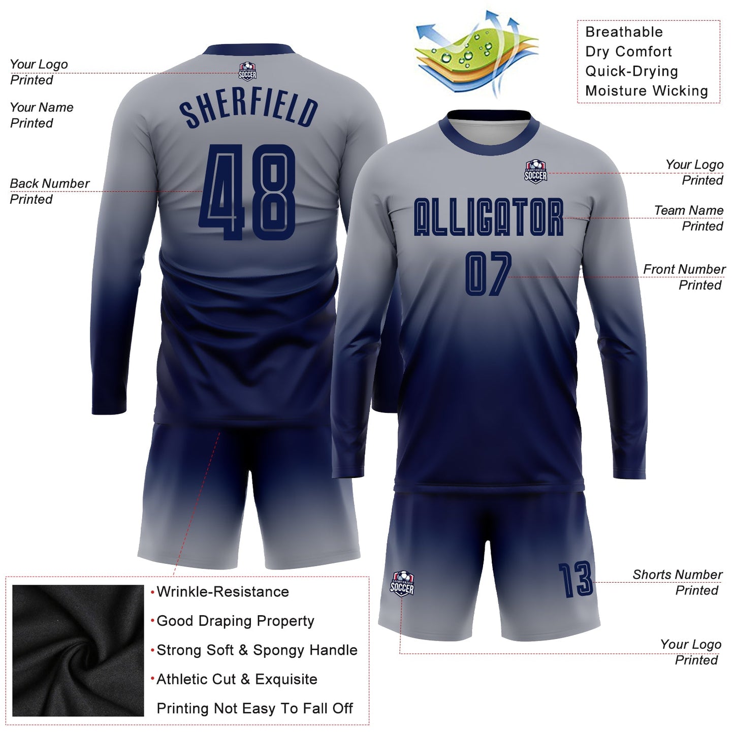 Custom Gray Navy Sublimation Long Sleeve Fade Fashion Soccer Uniform Jersey - Sky-Custom