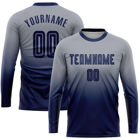 Custom Gray Navy Sublimation Long Sleeve Fade Fashion Soccer Uniform Jersey - Sky-Custom