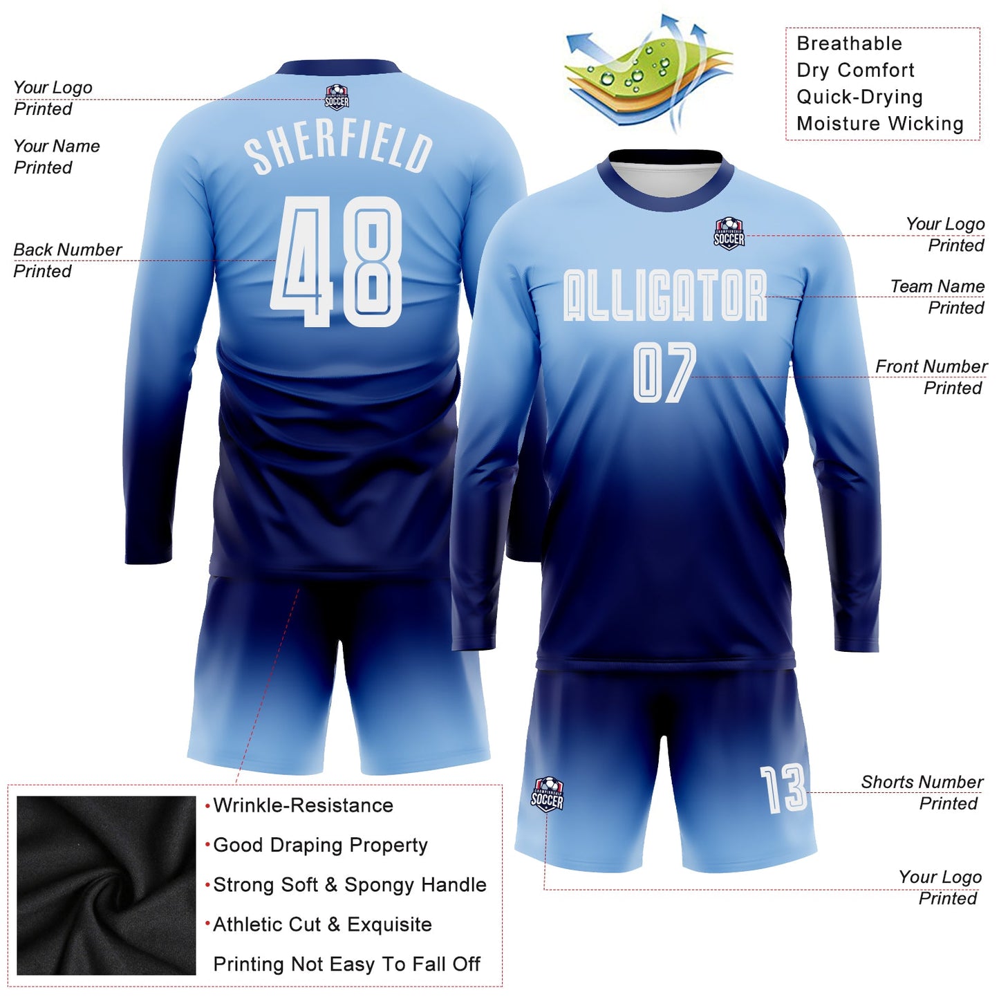 Custom Light Blue White-Navy Sublimation Long Sleeve Fade Fashion Soccer Uniform Jersey - Sky-Custom
