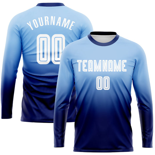 Custom Light Blue White-Navy Sublimation Long Sleeve Fade Fashion Soccer Uniform Jersey - Sky-Custom