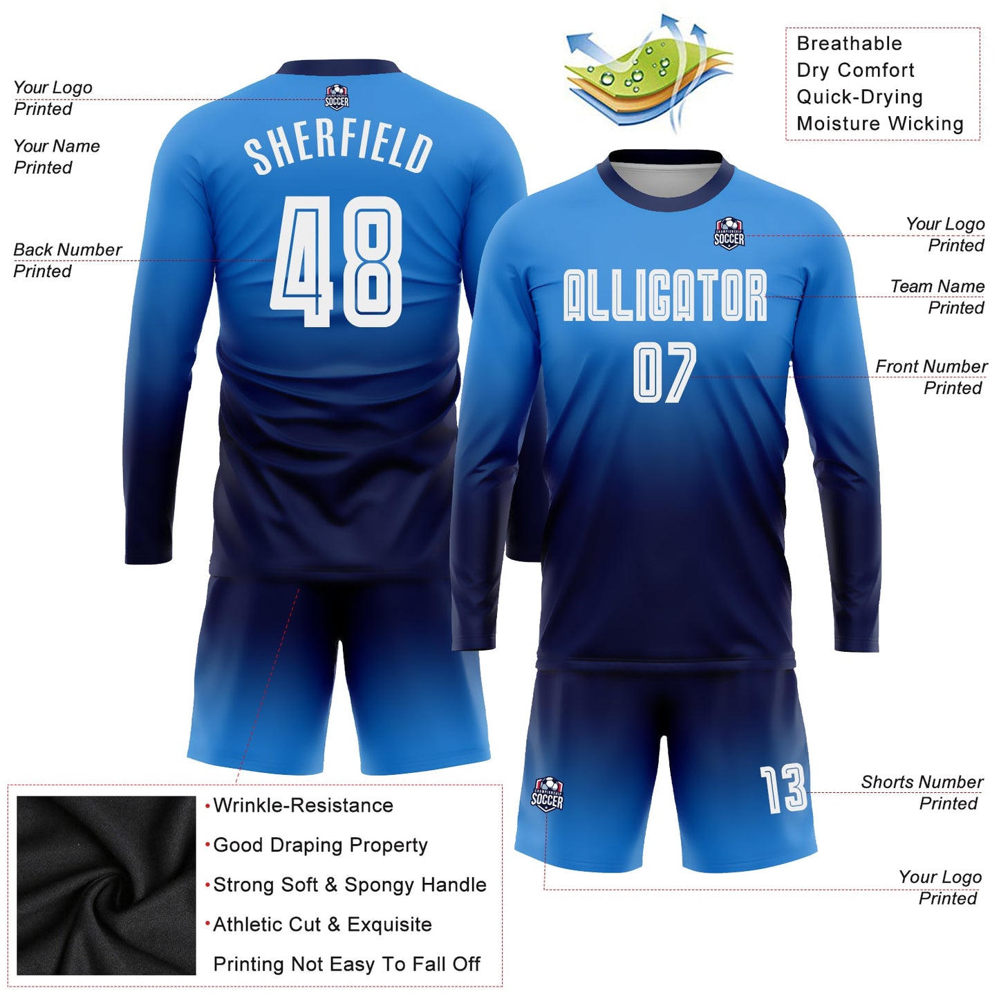 Custom Powder Blue White-Navy Sublimation Long Sleeve Fade Fashion Soccer Uniform Jersey - Sky-Custom
