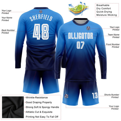 Custom Powder Blue White-Navy Sublimation Long Sleeve Fade Fashion Soccer Uniform Jersey - Sky-Custom