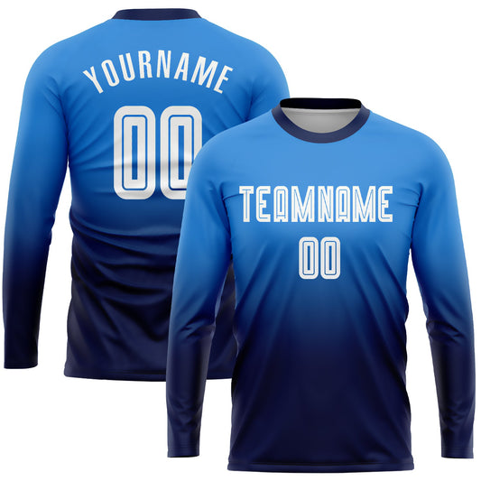 Custom Powder Blue White-Navy Sublimation Long Sleeve Fade Fashion Soccer Uniform Jersey - Sky-Custom