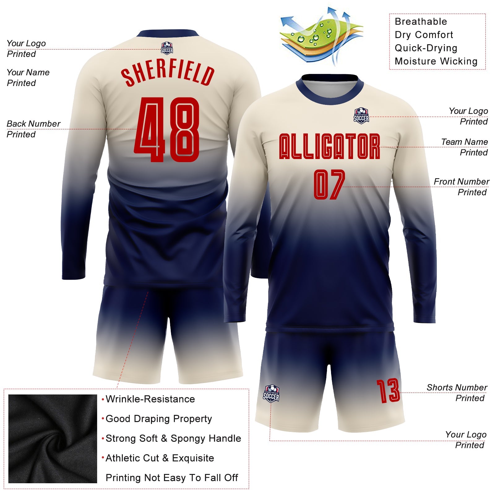 Custom Cream Red-Navy Sublimation Long Sleeve Fade Fashion Soccer Uniform Jersey - Sky-Custom