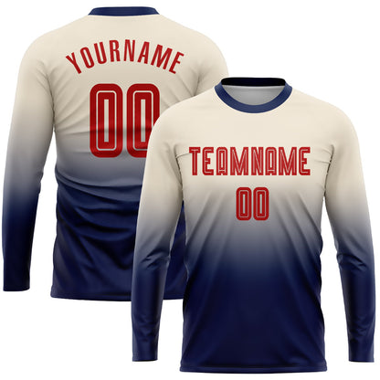 Custom Cream Red-Navy Sublimation Long Sleeve Fade Fashion Soccer Uniform Jersey - Sky-Custom
