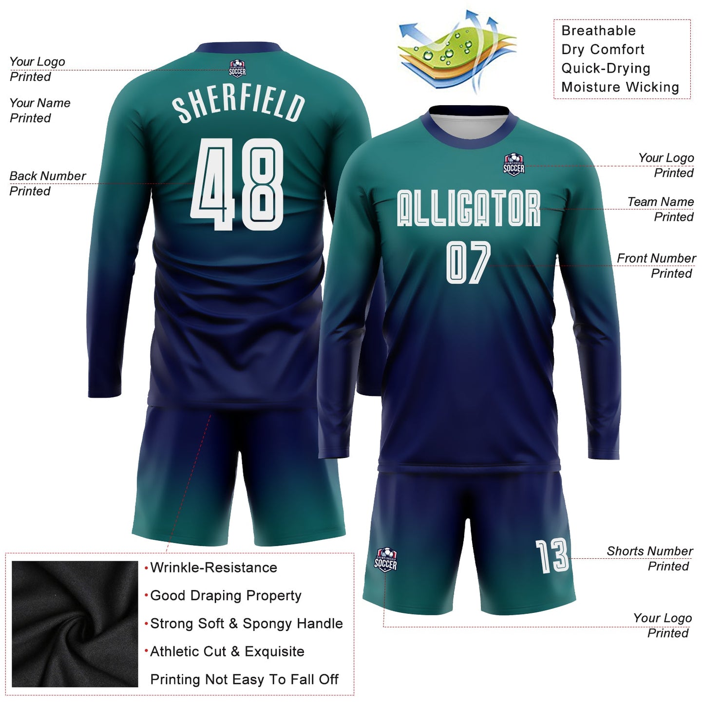 Custom Teal White-Navy Sublimation Long Sleeve Fade Fashion Soccer Uniform Jersey - Sky-Custom