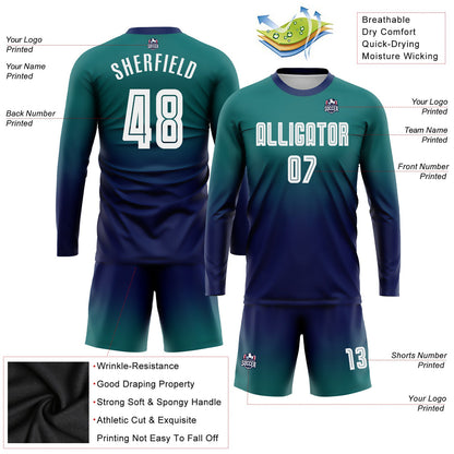 Custom Teal White-Navy Sublimation Long Sleeve Fade Fashion Soccer Uniform Jersey - Sky-Custom