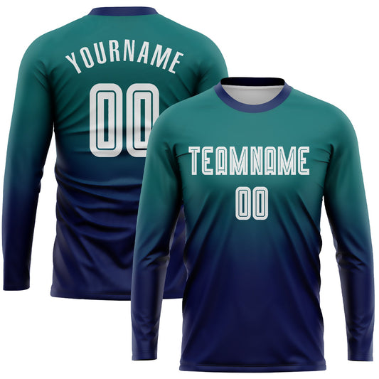 Custom Teal White-Navy Sublimation Long Sleeve Fade Fashion Soccer Uniform Jersey - Sky-Custom