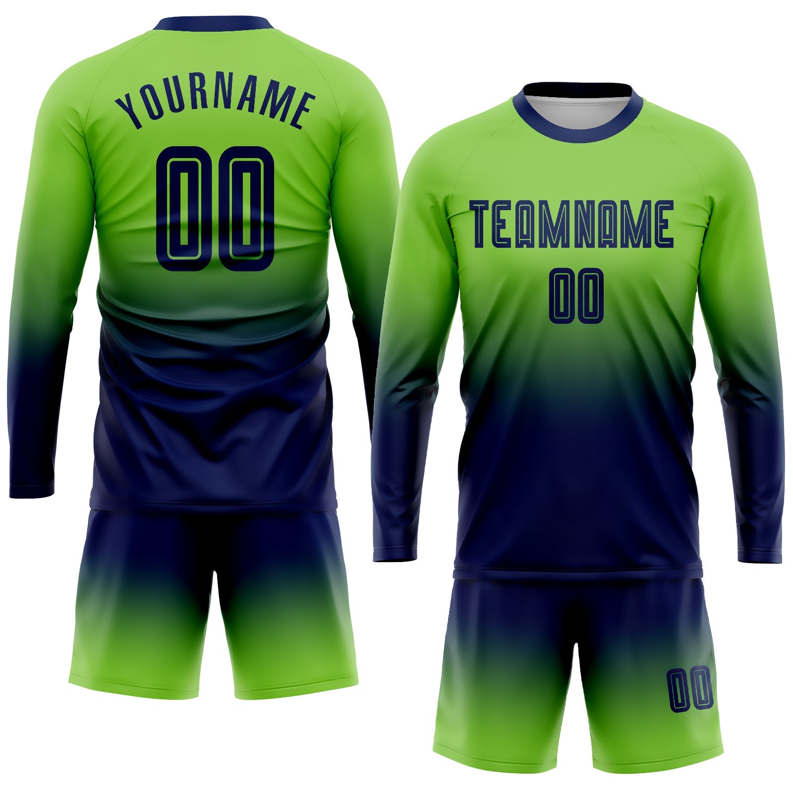 Custom Neon Green Navy Sublimation Long Sleeve Fade Fashion Soccer Uniform Jersey - Sky-Custom