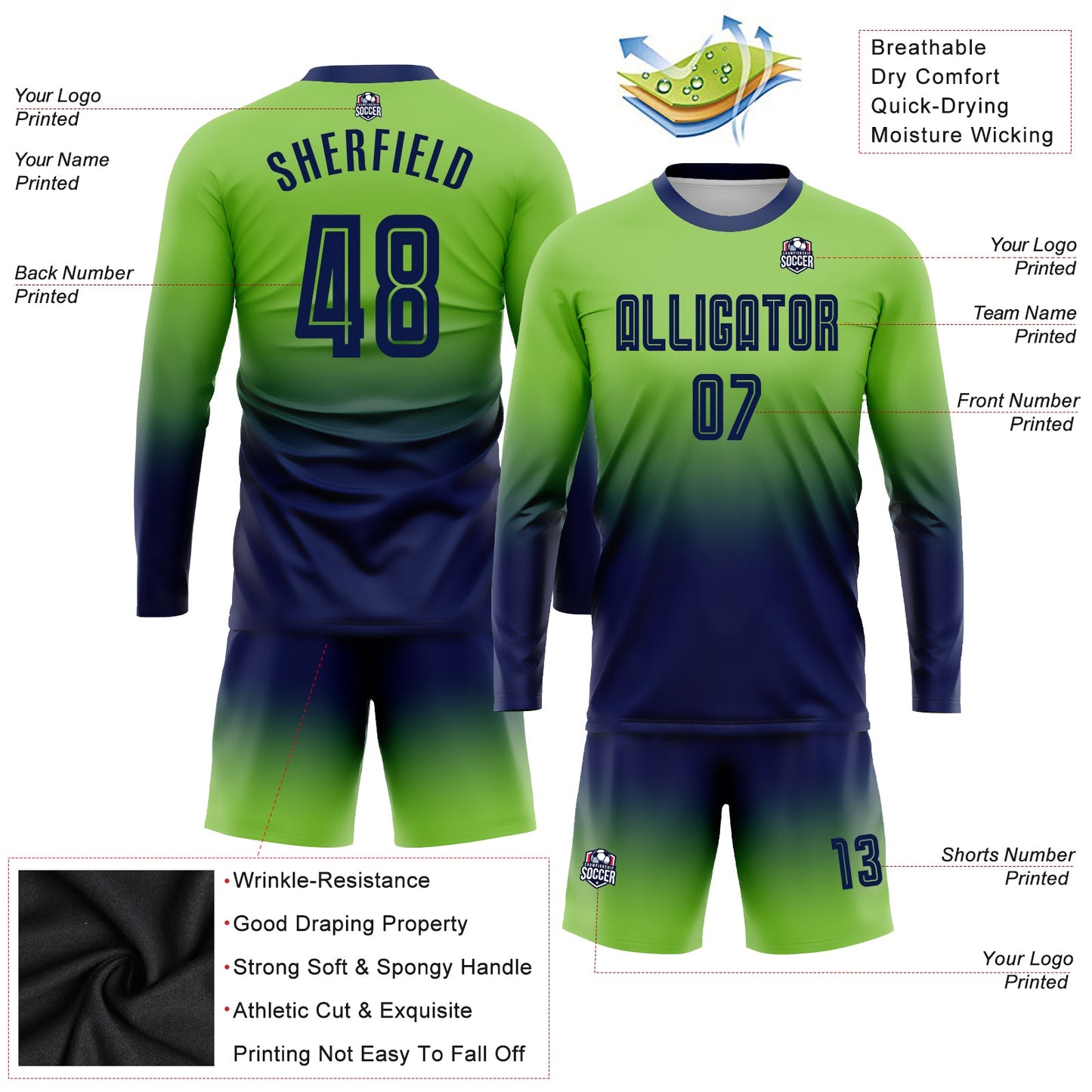 Custom Neon Green Navy Sublimation Long Sleeve Fade Fashion Soccer Uniform Jersey - Sky-Custom