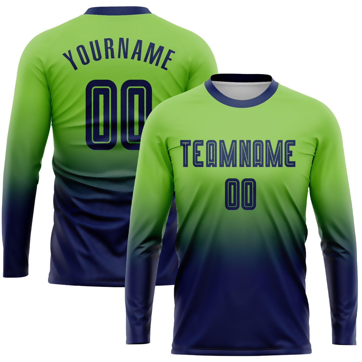 Custom Neon Green Navy Sublimation Long Sleeve Fade Fashion Soccer Uniform Jersey - Sky-Custom