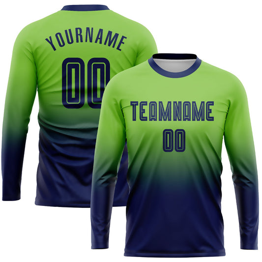 Custom Neon Green Navy Sublimation Long Sleeve Fade Fashion Soccer Uniform Jersey - Sky-Custom