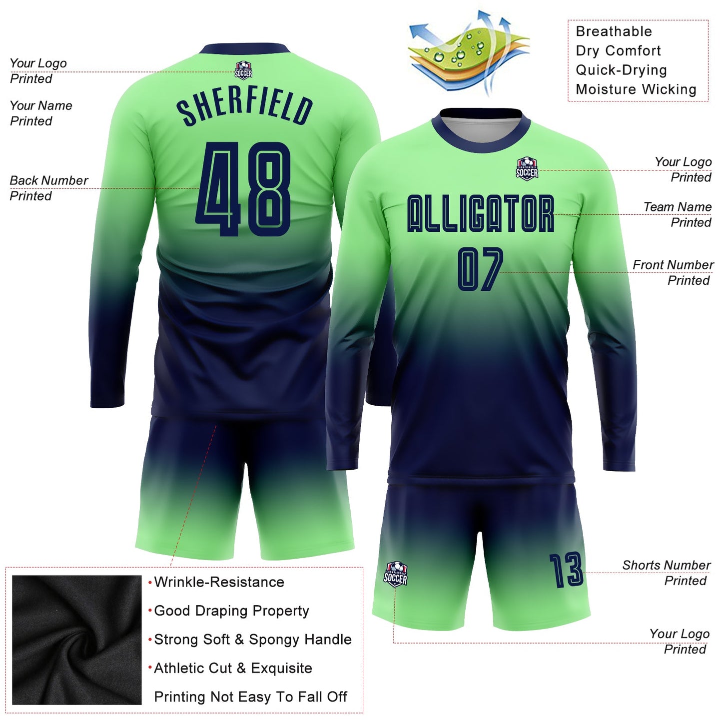 Custom Pea Green Navy Sublimation Long Sleeve Fade Fashion Soccer Uniform Jersey - Sky-Custom