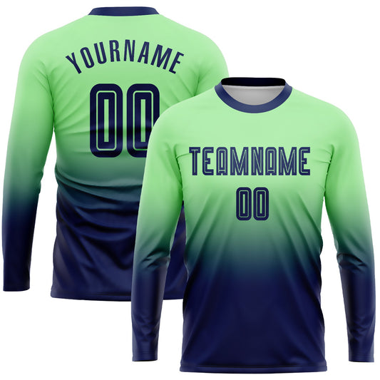 Custom Pea Green Navy Sublimation Long Sleeve Fade Fashion Soccer Uniform Jersey - Sky-Custom