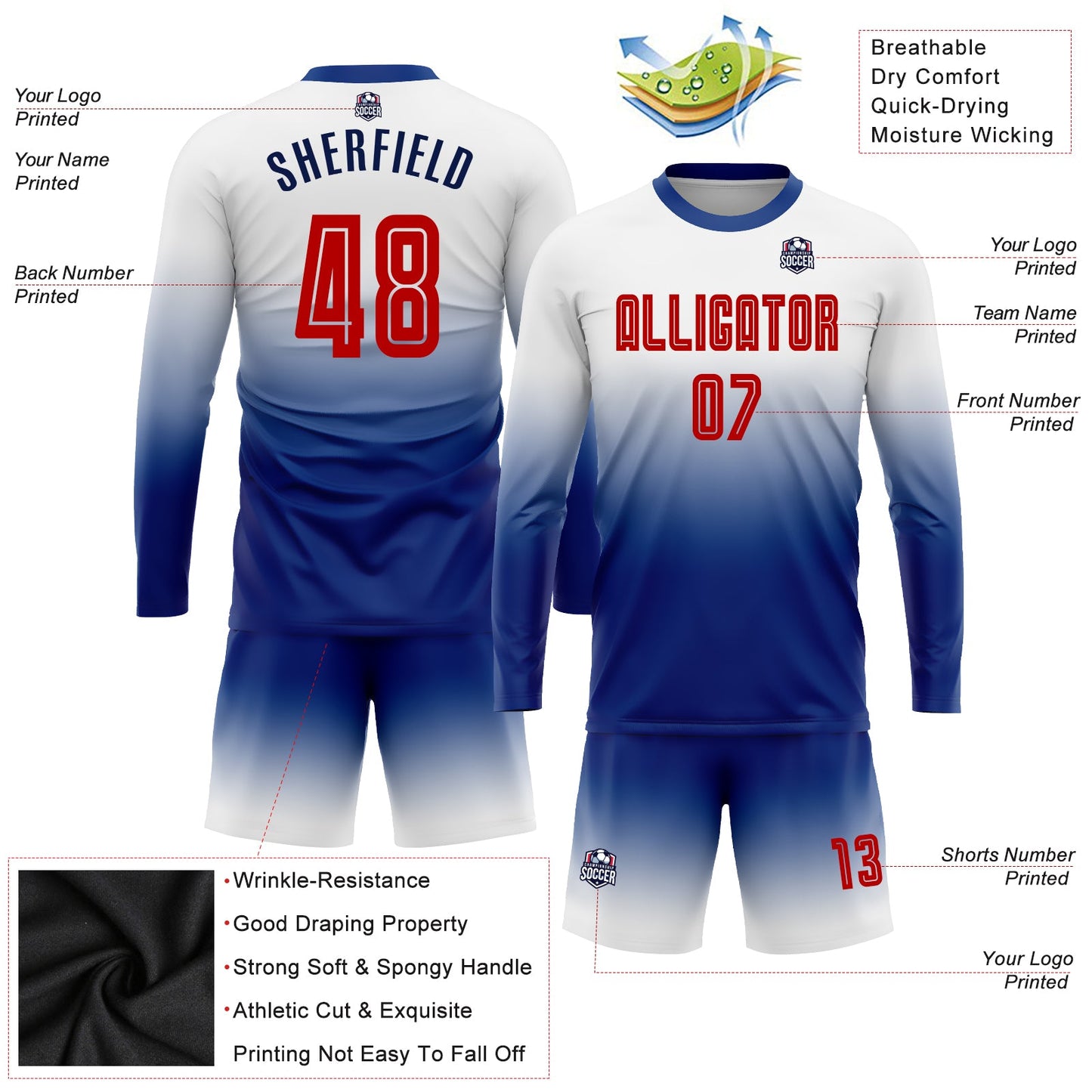 Custom White Red-Royal Sublimation Long Sleeve Fade Fashion Soccer Uniform Jersey - Sky-Custom