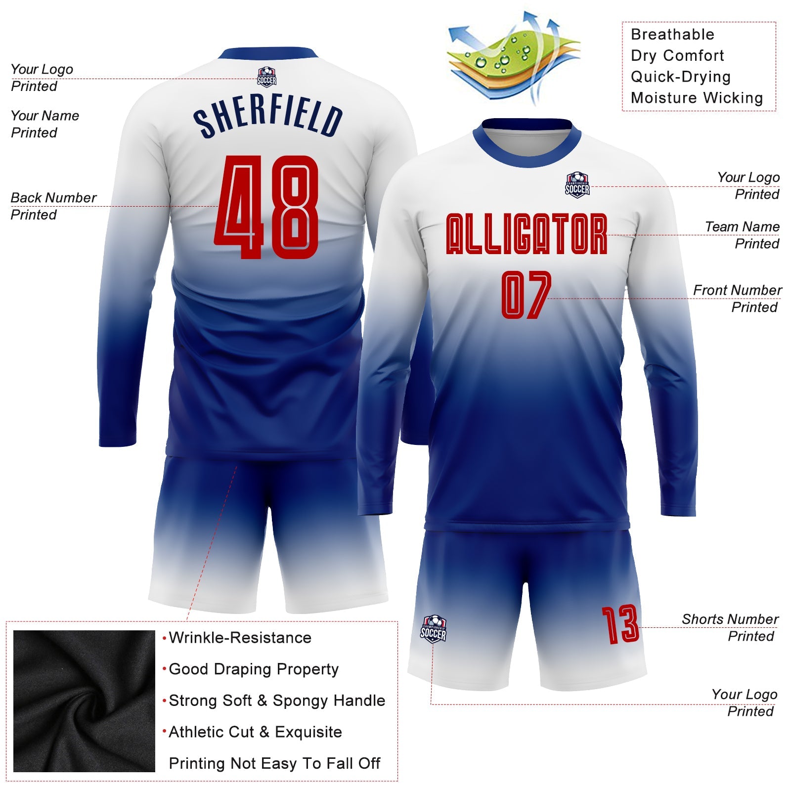 Custom White Red-Royal Sublimation Long Sleeve Fade Fashion Soccer Uniform Jersey - Sky-Custom