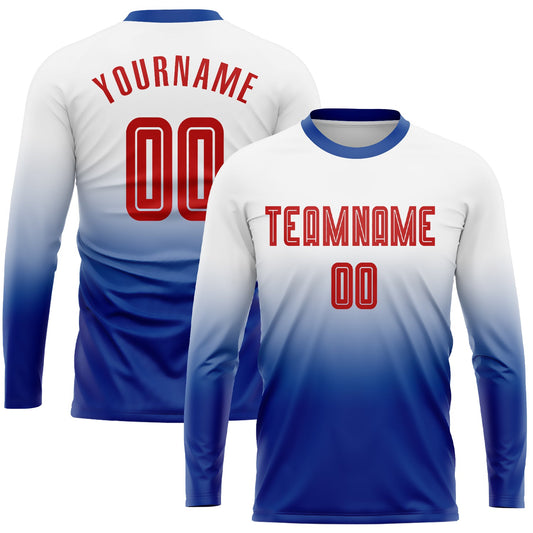 Custom White Red-Royal Sublimation Long Sleeve Fade Fashion Soccer Uniform Jersey - Sky-Custom