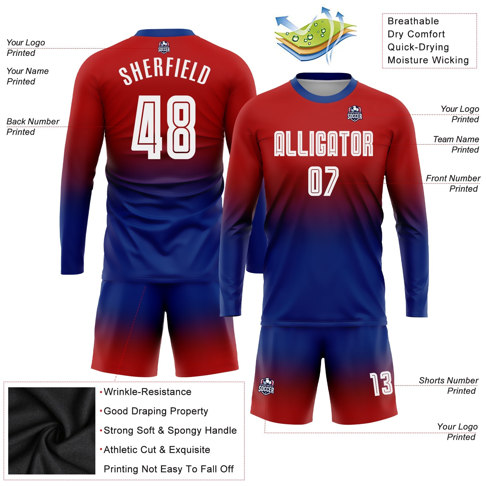 Custom Red White-Royal Sublimation Long Sleeve Fade Fashion Soccer Uniform Jersey - Sky-Custom