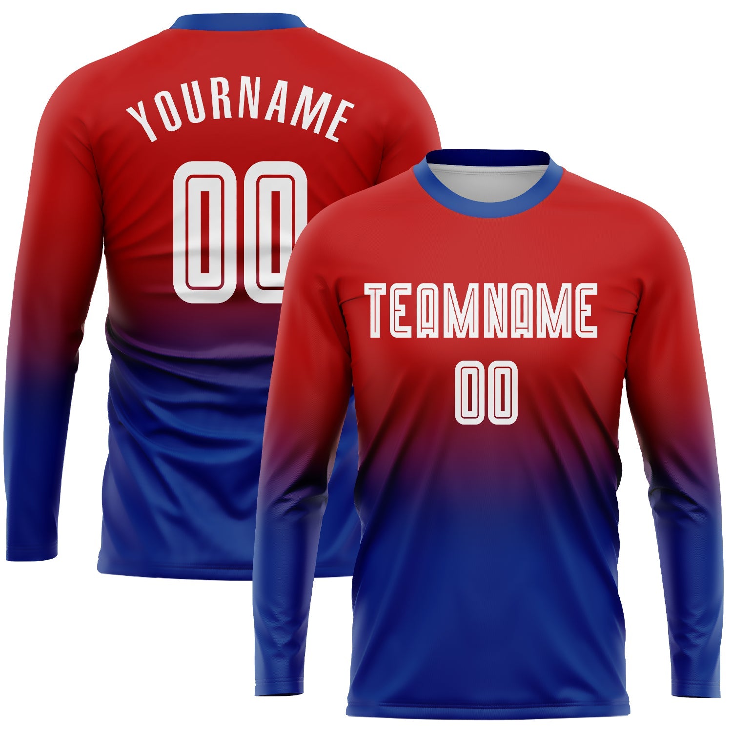 Custom Red White-Royal Sublimation Long Sleeve Fade Fashion Soccer Uniform Jersey - Sky-Custom