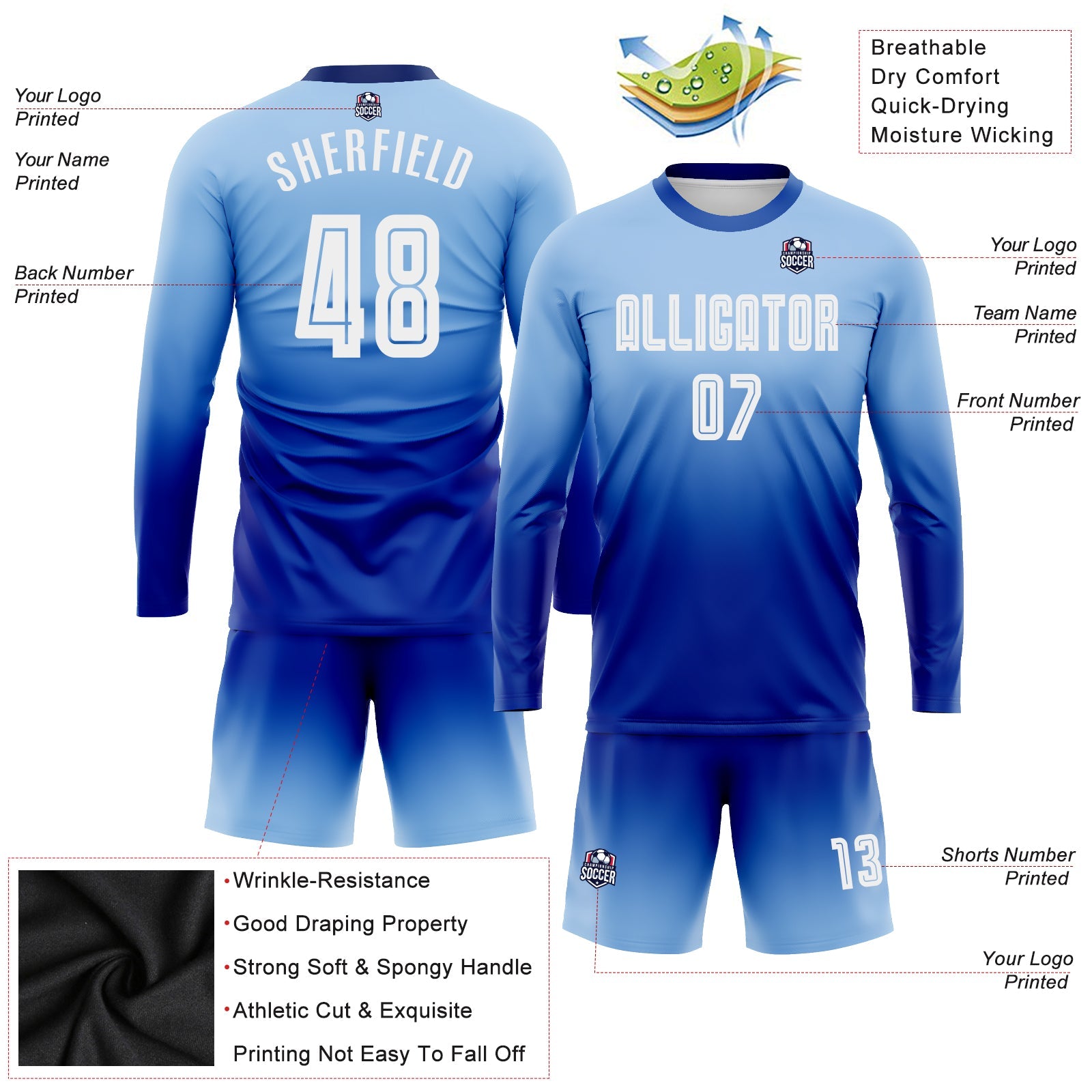 Custom Light Blue White-Royal Sublimation Long Sleeve Fade Fashion Soccer Uniform Jersey - Sky-Custom