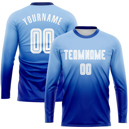 Custom Light Blue White-Royal Sublimation Long Sleeve Fade Fashion Soccer Uniform Jersey - Sky-Custom