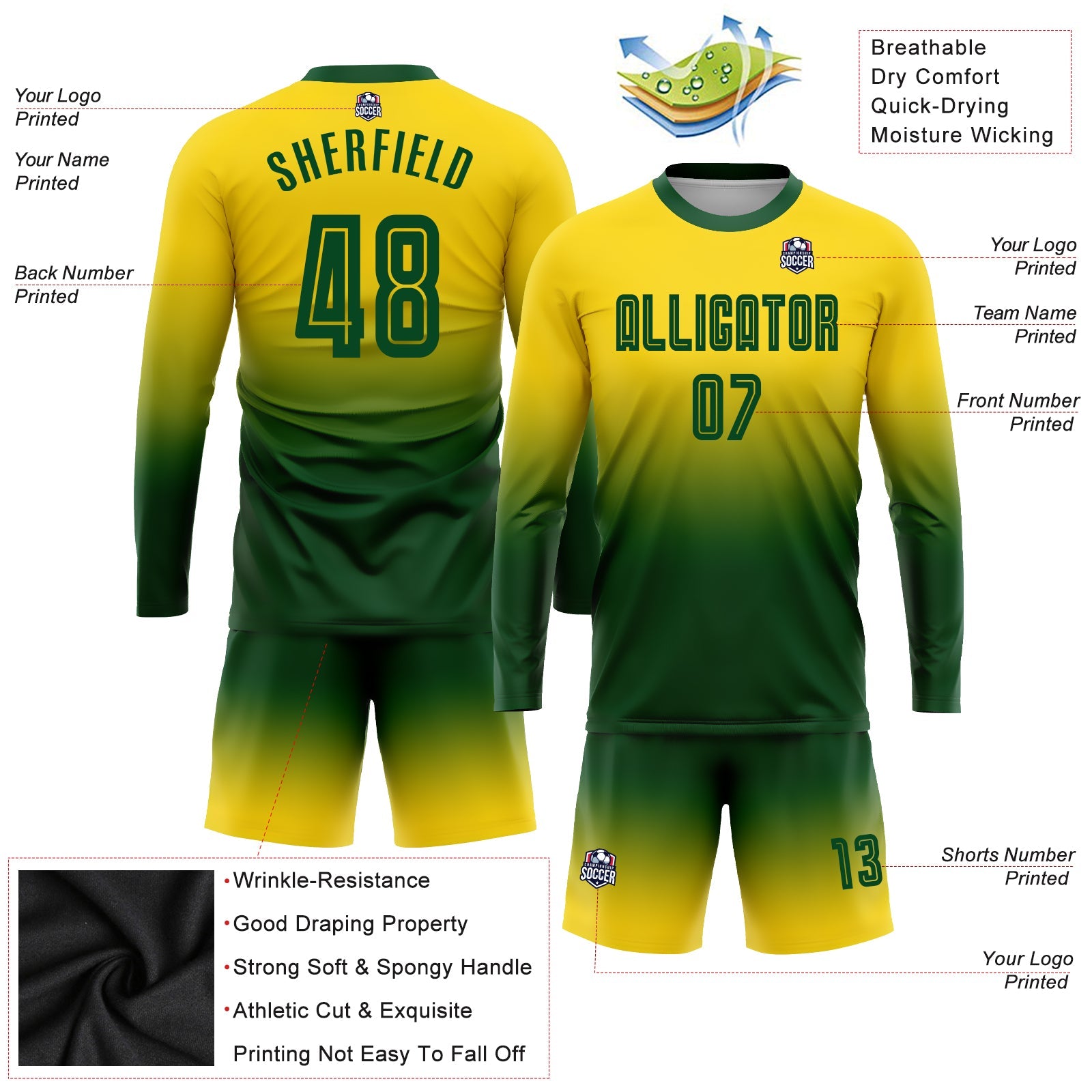 Custom Gold Green Sublimation Long Sleeve Fade Fashion Soccer Uniform Jersey - Sky-Custom