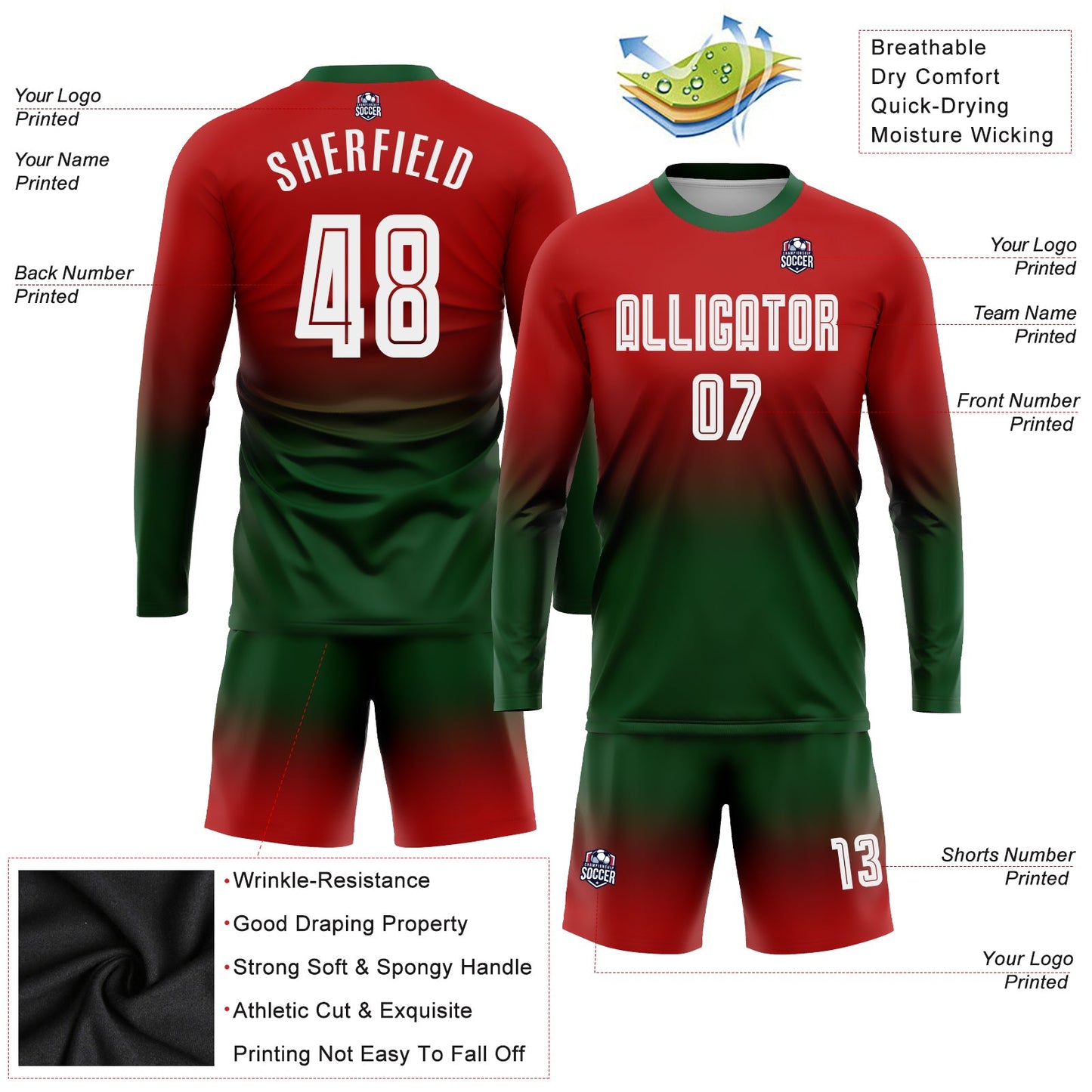 Custom Red White-Green Sublimation Long Sleeve Fade Fashion Soccer Uniform Jersey - Sky-Custom