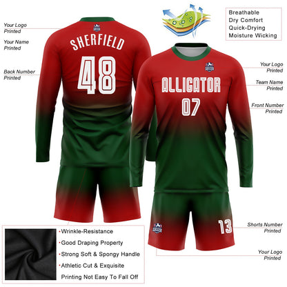 Custom Red White-Green Sublimation Long Sleeve Fade Fashion Soccer Uniform Jersey - Sky-Custom