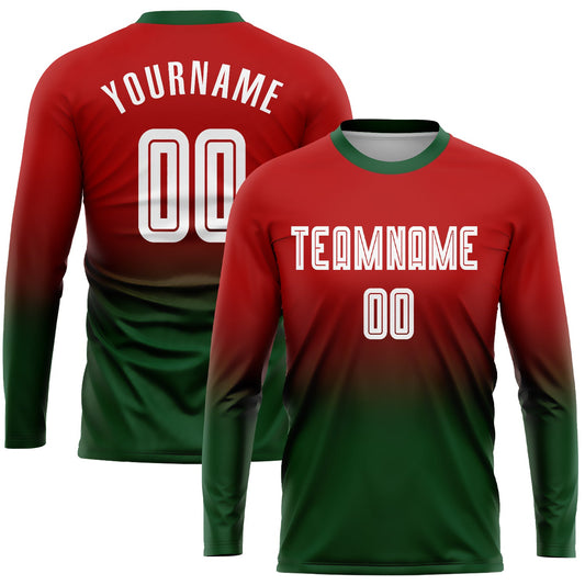 Custom Red White-Green Sublimation Long Sleeve Fade Fashion Soccer Uniform Jersey - Sky-Custom