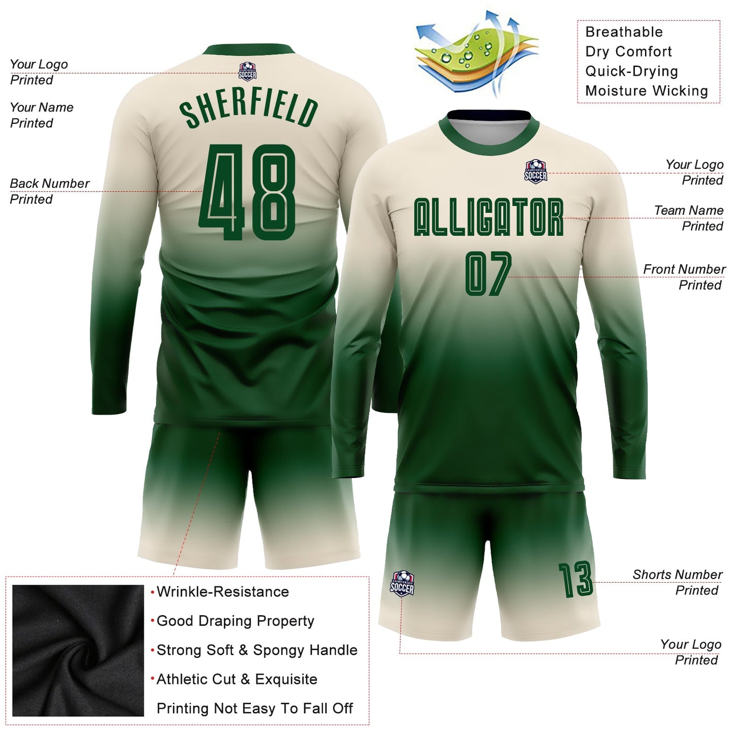 Custom Cream Green Sublimation Long Sleeve Fade Fashion Soccer Uniform Jersey - Sky-Custom