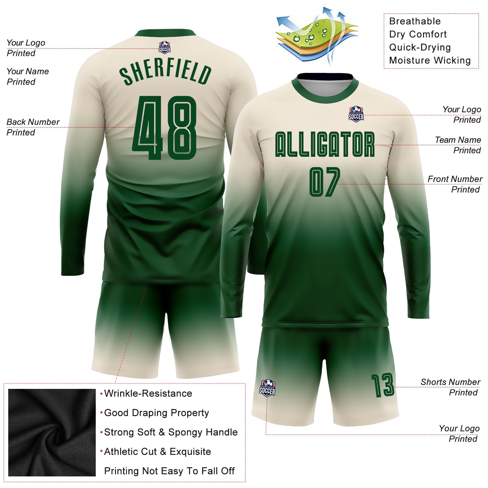 Custom Cream Green Sublimation Long Sleeve Fade Fashion Soccer Uniform Jersey - Sky-Custom