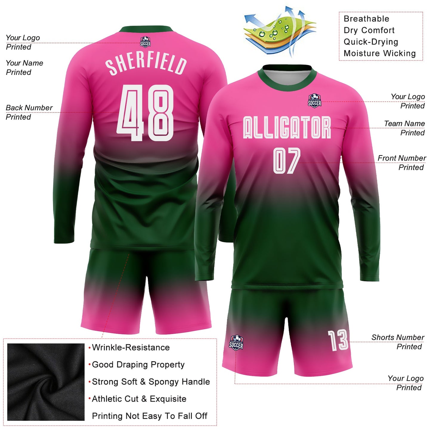 Custom Pink White-Green Sublimation Long Sleeve Fade Fashion Soccer Uniform Jersey - Sky-Custom