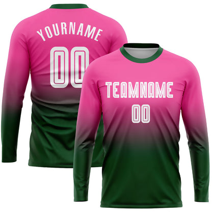 Custom Pink White-Green Sublimation Long Sleeve Fade Fashion Soccer Uniform Jersey - Sky-Custom