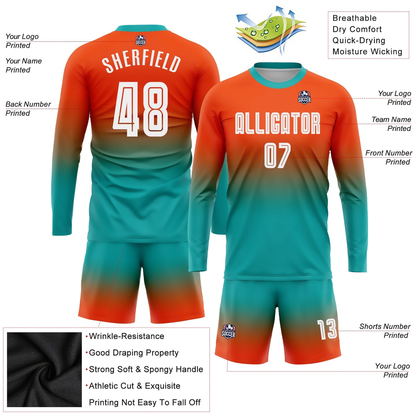 Custom Orange White-Aqua Sublimation Long Sleeve Fade Fashion Soccer Uniform Jersey - Sky-Custom