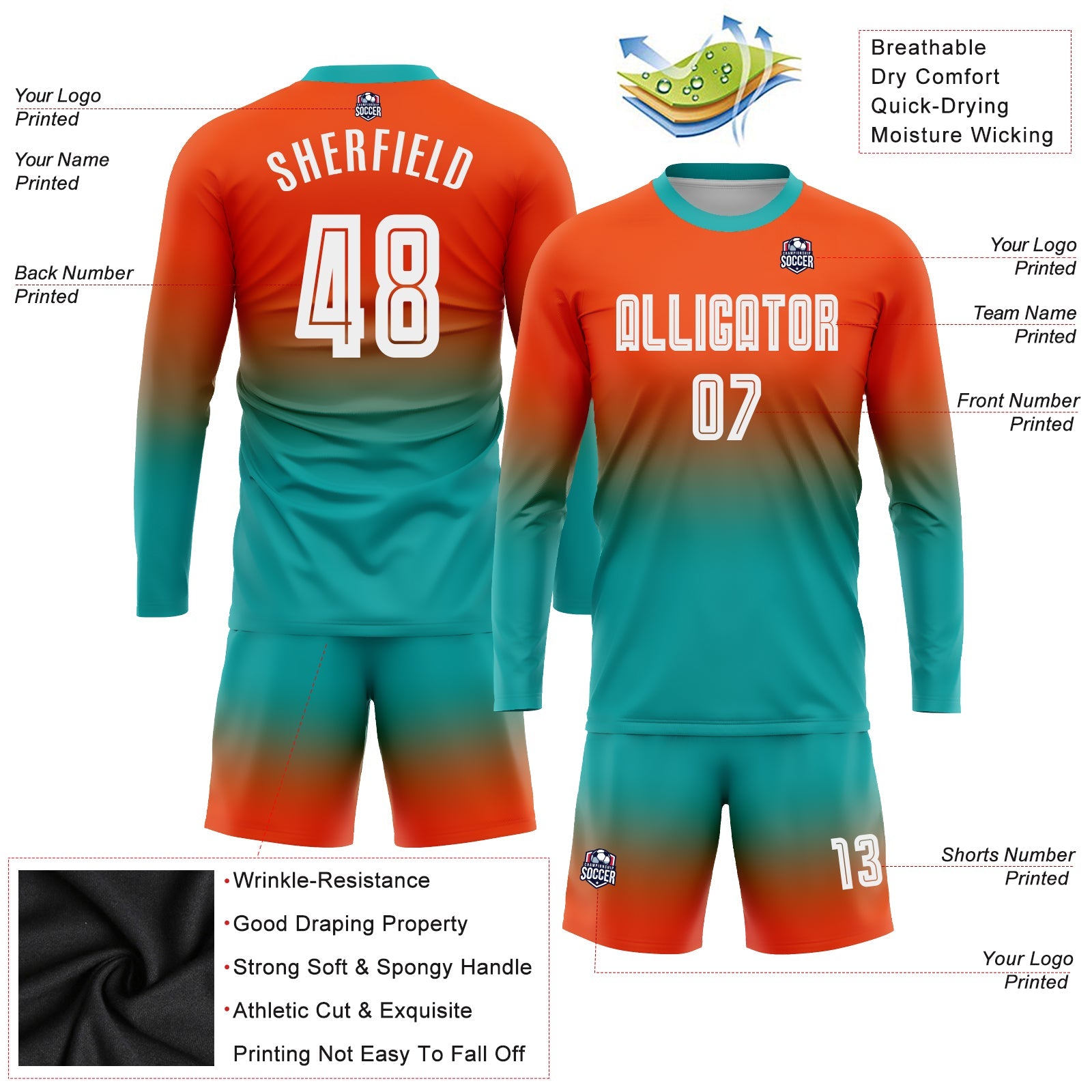 Custom Orange White-Aqua Sublimation Long Sleeve Fade Fashion Soccer Uniform Jersey - Sky-Custom