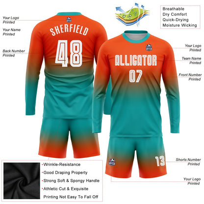 Custom Orange White-Aqua Sublimation Long Sleeve Fade Fashion Soccer Uniform Jersey - Sky-Custom