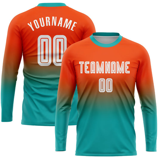 Custom Orange White-Aqua Sublimation Long Sleeve Fade Fashion Soccer Uniform Jersey - Sky-Custom