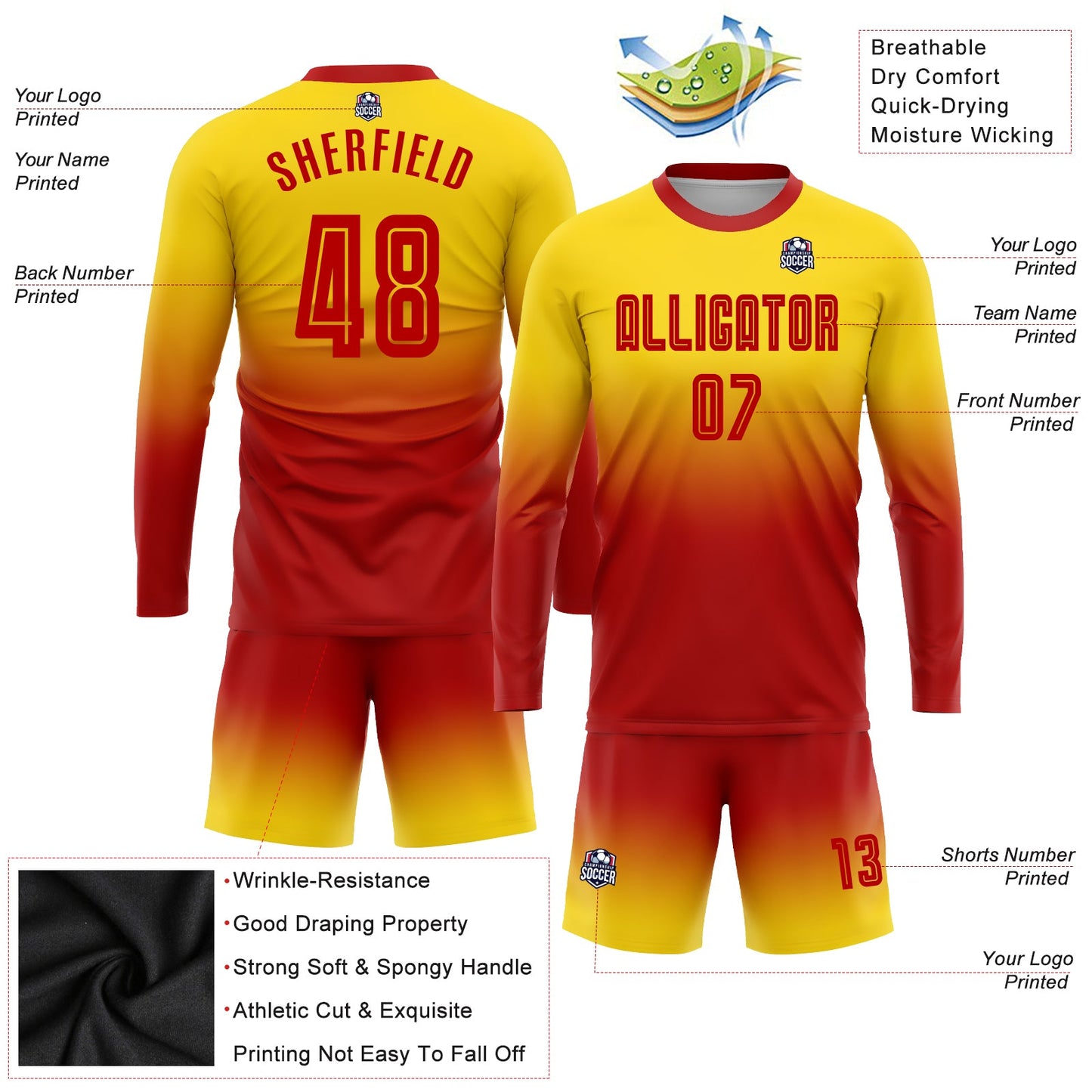 Custom Gold Red Sublimation Long Sleeve Fade Fashion Soccer Uniform Jersey - Sky-Custom