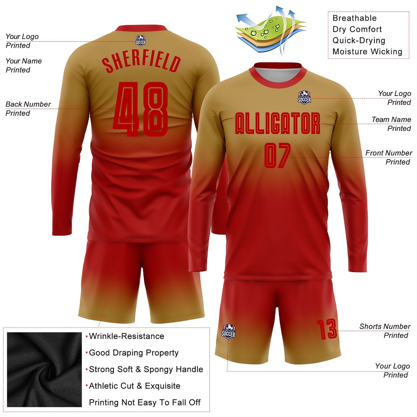 Custom Old Gold Red Sublimation Long Sleeve Fade Fashion Soccer Uniform Jersey - Sky-Custom