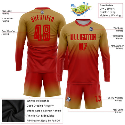 Custom Old Gold Red Sublimation Long Sleeve Fade Fashion Soccer Uniform Jersey - Sky-Custom