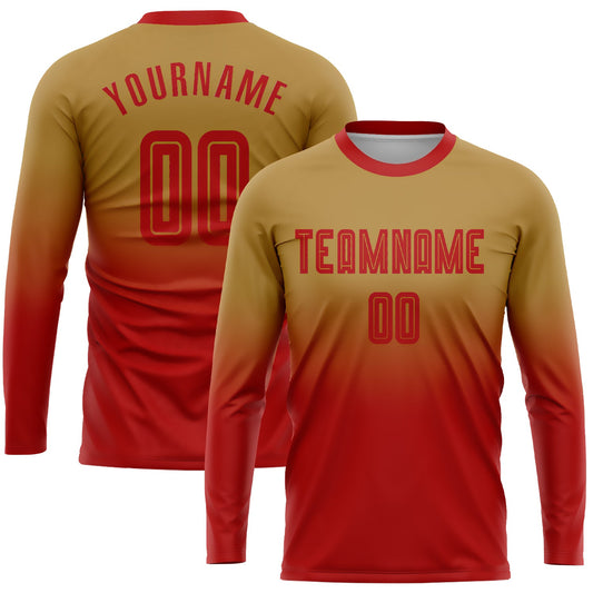 Custom Old Gold Red Sublimation Long Sleeve Fade Fashion Soccer Uniform Jersey - Sky-Custom