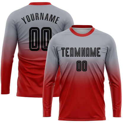 Custom Gray Black-Red Sublimation Long Sleeve Fade Fashion Soccer Uniform Jersey - Sky-Custom