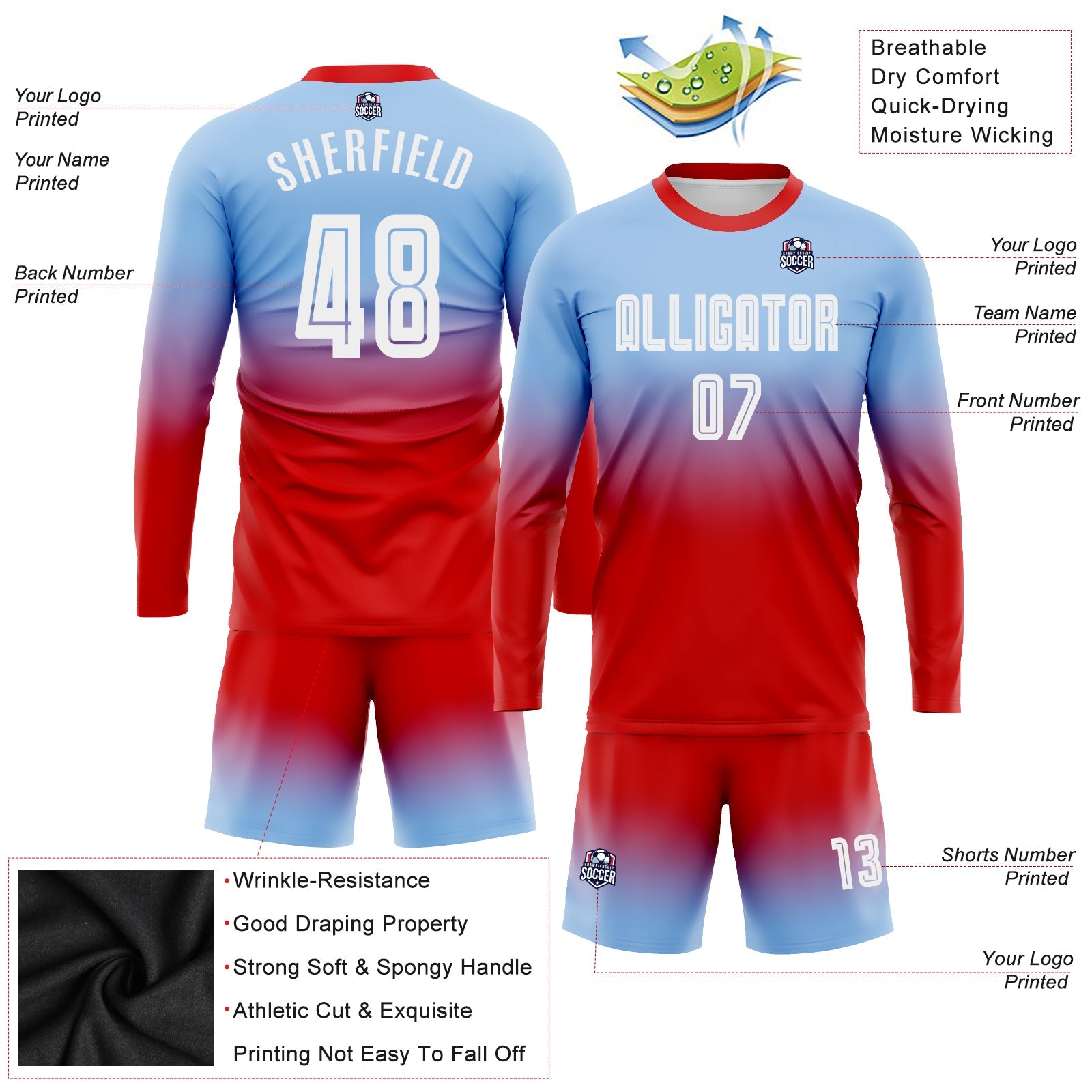 Custom Light Blue White-Red Sublimation Long Sleeve Fade Fashion Soccer Uniform Jersey - Sky-Custom