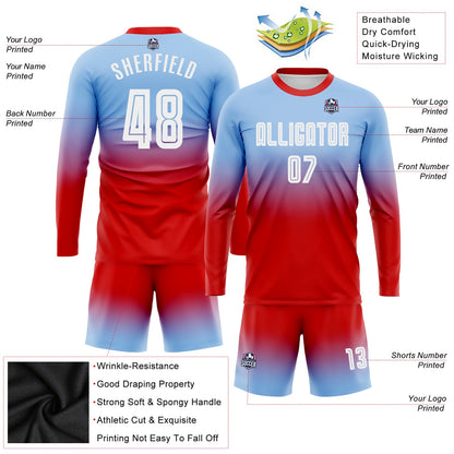 Custom Light Blue White-Red Sublimation Long Sleeve Fade Fashion Soccer Uniform Jersey - Sky-Custom