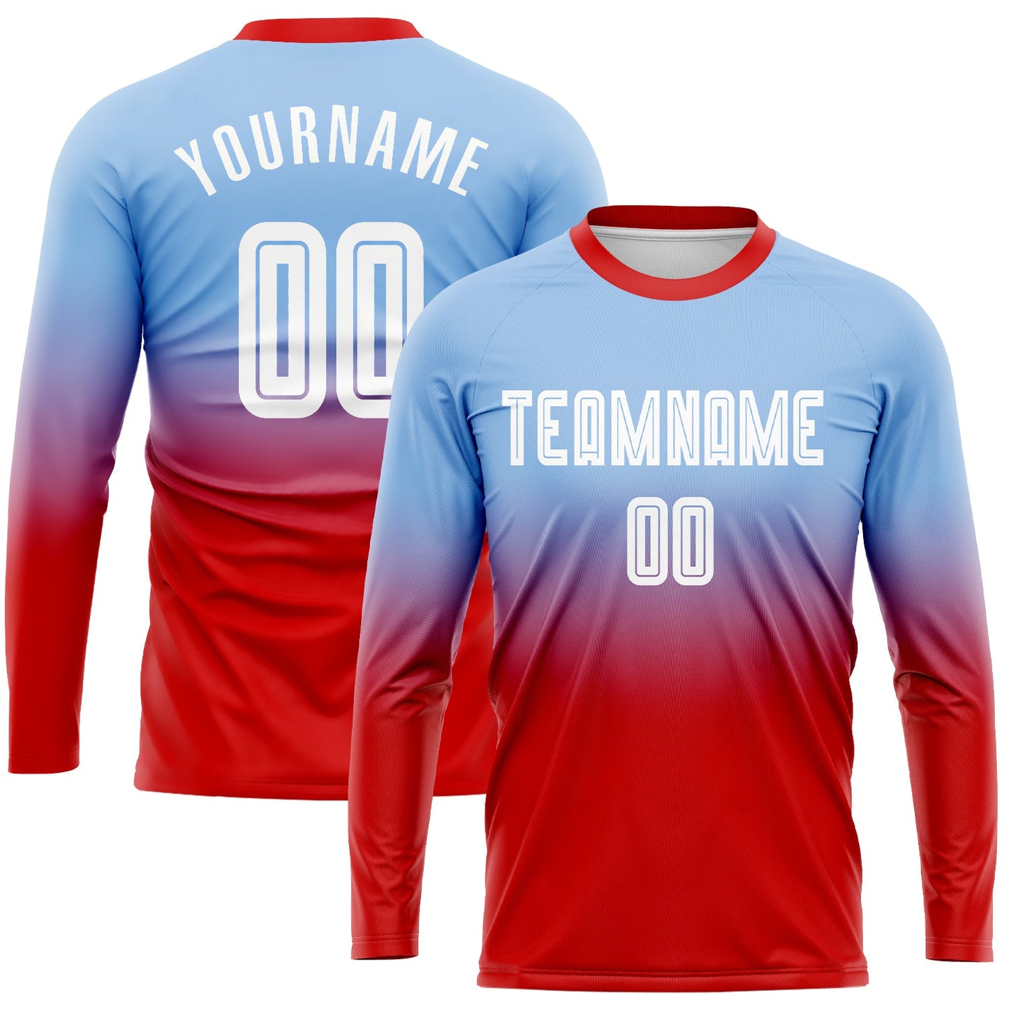 Custom Light Blue White-Red Sublimation Long Sleeve Fade Fashion Soccer Uniform Jersey - Sky-Custom