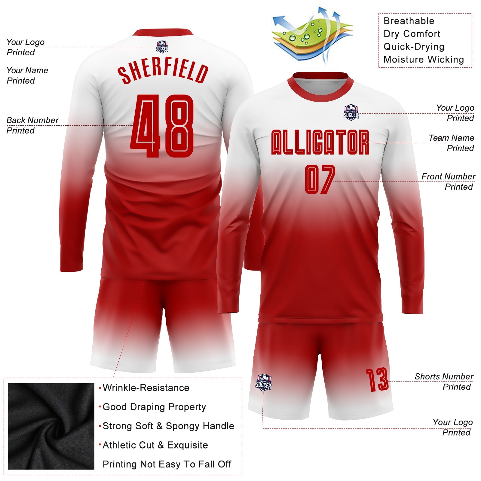 Custom White Red Sublimation Long Sleeve Fade Fashion Soccer Uniform Jersey - Sky-Custom