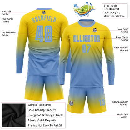 Custom Gold Light Blue Sublimation Long Sleeve Fade Fashion Soccer Uniform Jersey - Sky-Custom