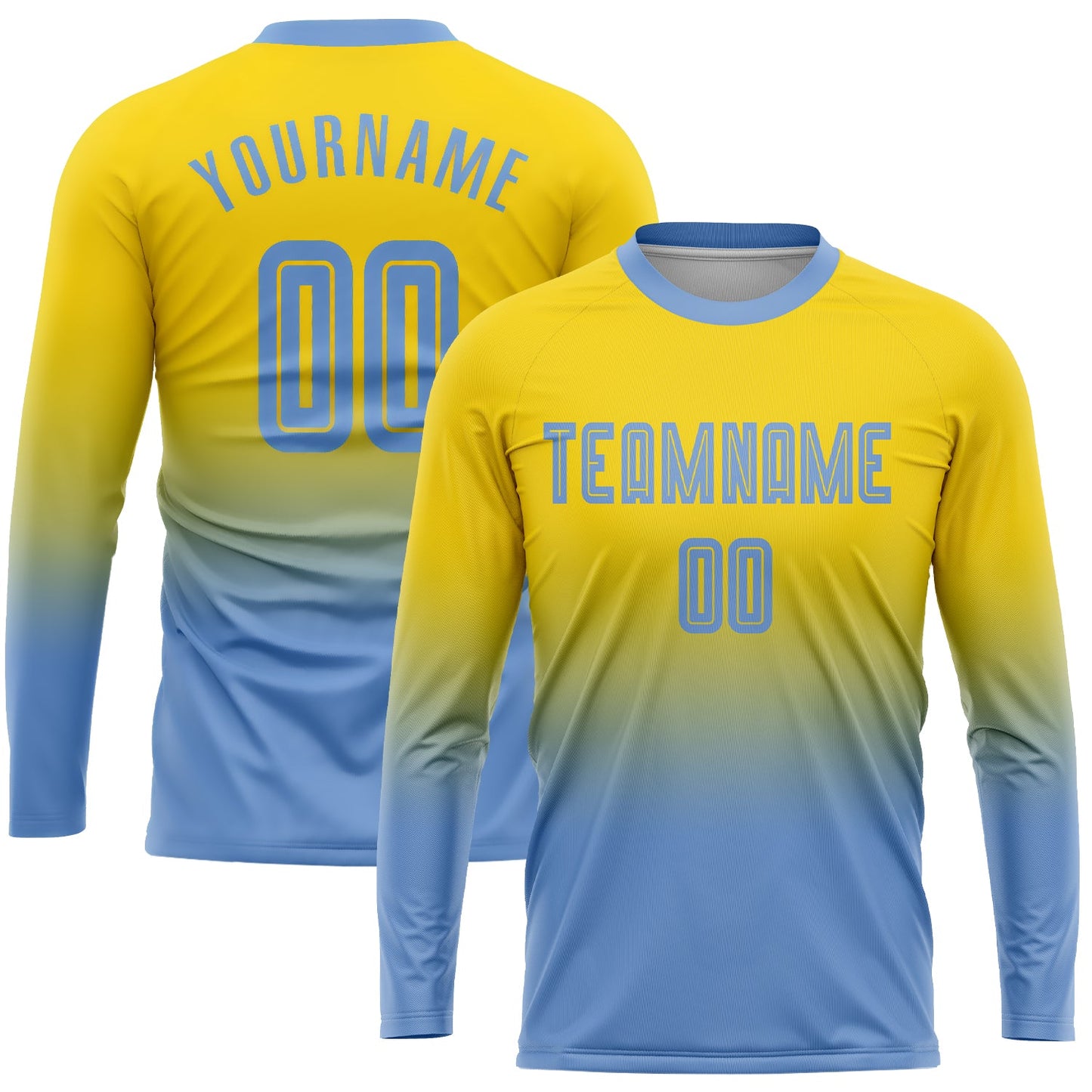Custom Gold Light Blue Sublimation Long Sleeve Fade Fashion Soccer Uniform Jersey - Sky-Custom